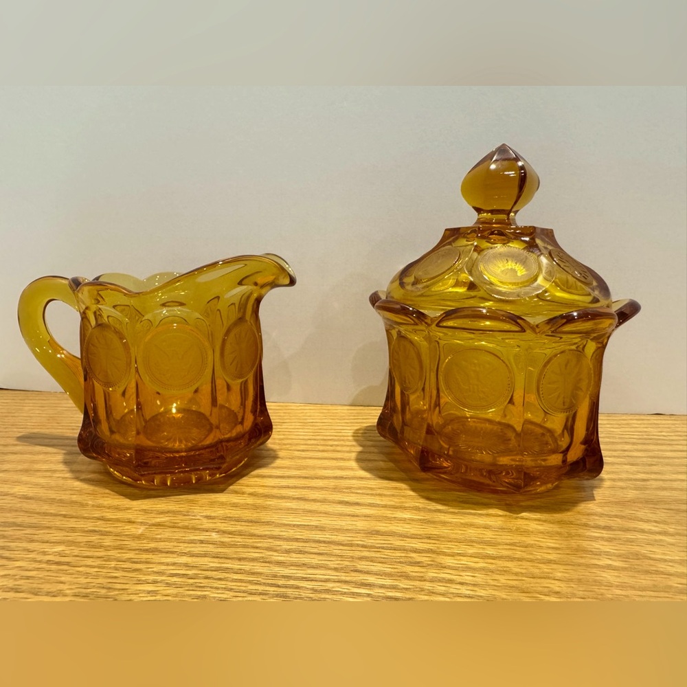 Fostoria Coin MCM federal Amber Glass Creamer and Sugar Set - Picture 1 of 8